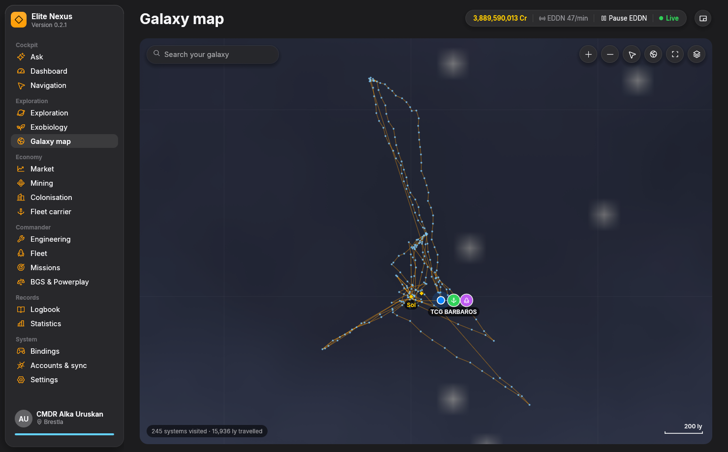 Elite Nexus galaxy map showing the Milky Way, visited systems, commander position and map controls.